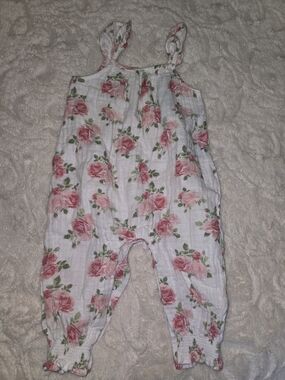 Mud Pie White Romper with Pink Rose Print